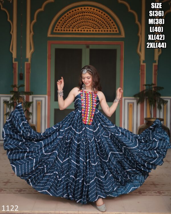 Leheriya Print Work With Kutchi Patchwork Full Flairy Chinon Navratri Anarkali Gown Collection 2024