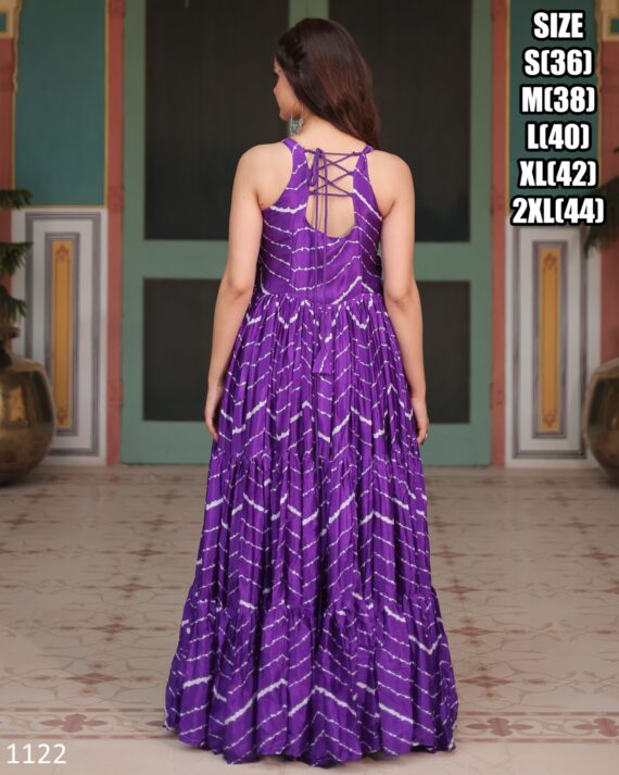 Leheriya Print Work With Kutchi Patchwork Full Flairy Chinon Navratri Anarkali Gown Collection 2024