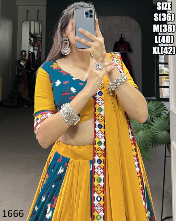 Presenting Our New Original Mirror Gamthi Work Stitch Rayon Navratri Lehenga Choli 2024