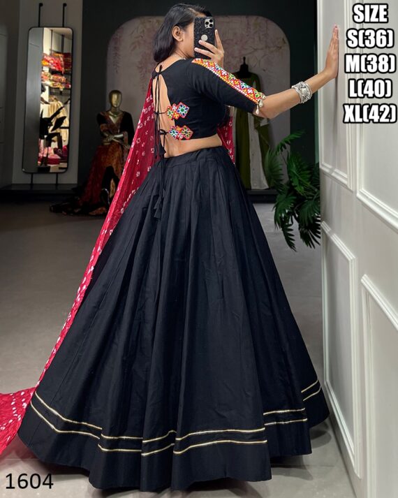 Cotton Chaniya Choli And Bandhej Print With Colourful Paper Mirror Work Dupatta Set For Navratri Special