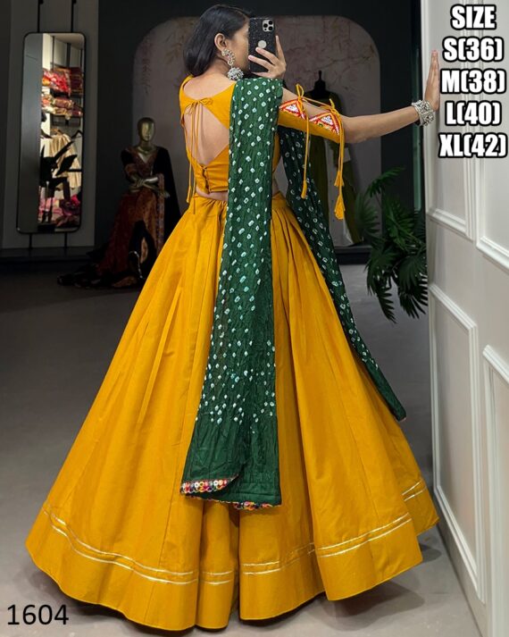 Cotton Chaniya Choli And Bandhej Print With Colourful Paper Mirror Work Dupatta Set For Navratri Special