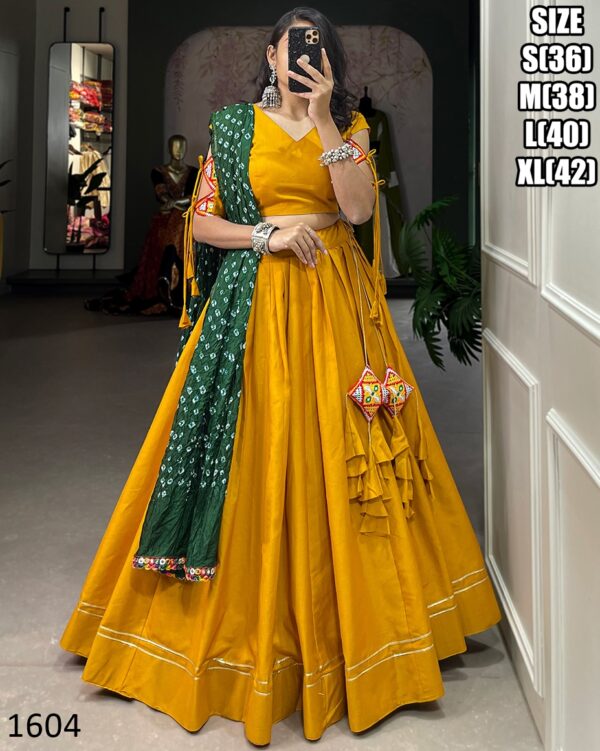 Cotton Chaniya Choli And Bandhej Print With Colourful Paper Mirror Work Dupatta Set For Navratri Special