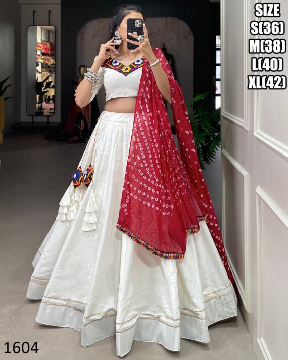 Cotton Chaniya Choli And Bandhej Print With Colourful Paper Mirror Work Dupatta Set For Navratri Special