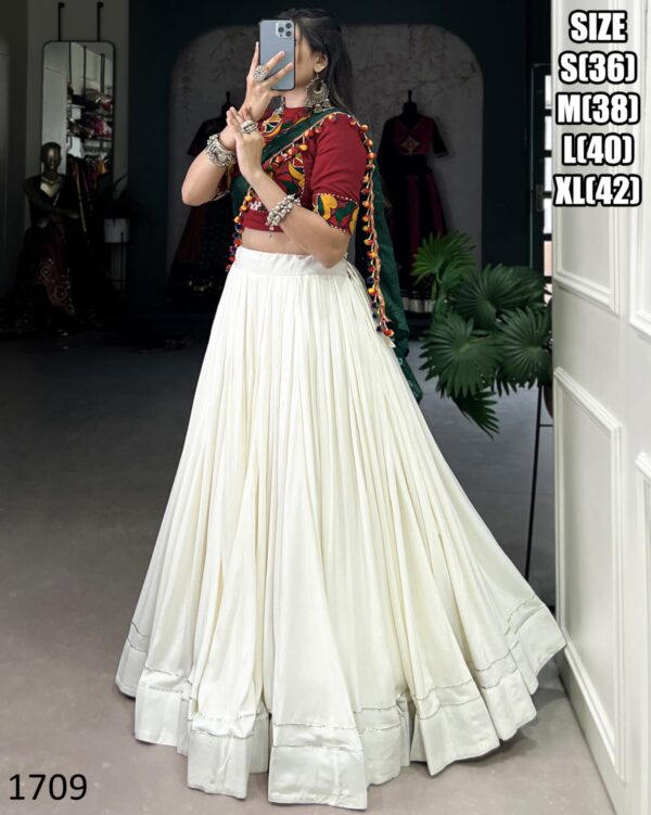 Our New Arrival Designer Kutchi Work In Stitch Rayon Navratri Lehenga Choli