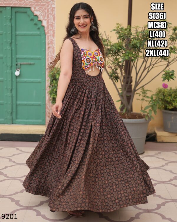 Ready To Wear Printed Cotton Kutchi Gamthi Work Fashionable Gown For Women's In Navratri Collection