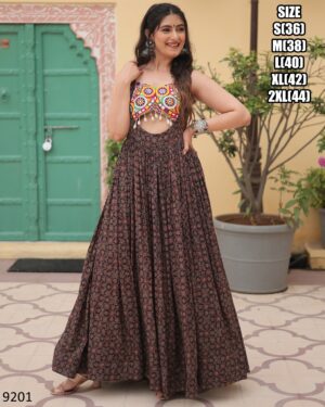 Ready To Wear Printed Cotton Kutchi Gamthi Work Fashionable Gown For Women's In Navratri Collection