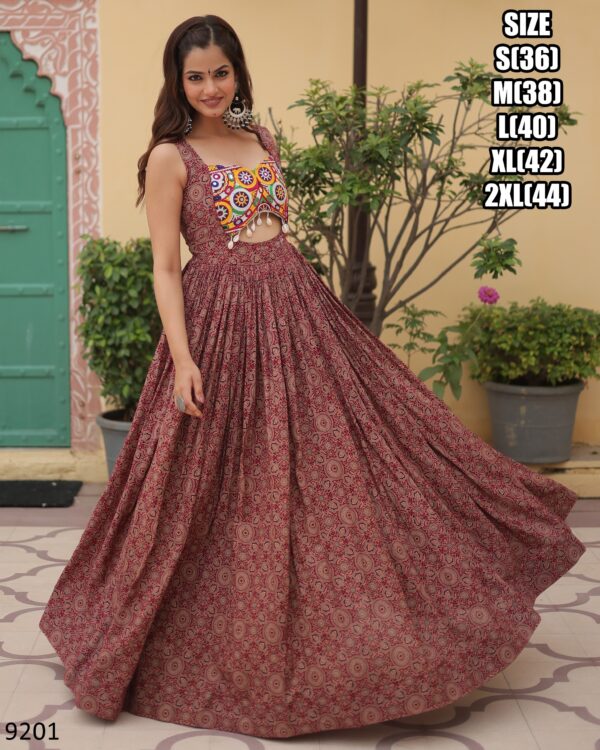 Ready To Wear Printed Cotton Kutchi Gamthi Work Fashionable Gown For Women's In Navratri Collection