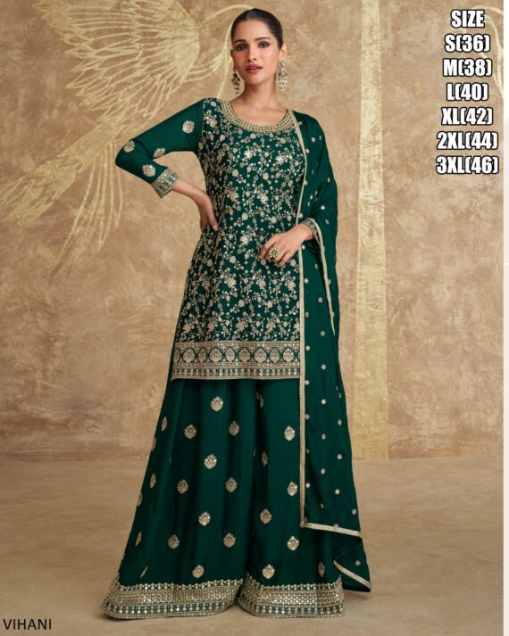 Indian Pakistani Style Ethnic Chinon Silk Readymade Plazo Suit And Matching Dupatta For Special Occasions