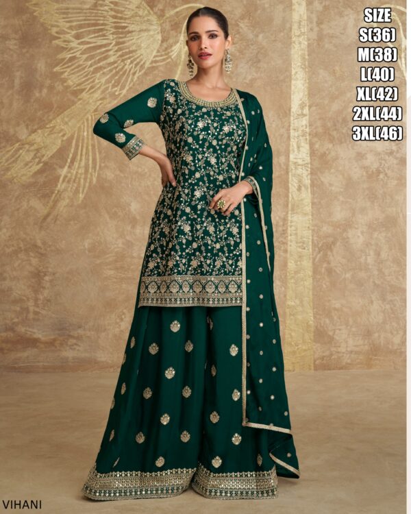 Indian Pakistani Style Ethnic Chinon Silk Readymade Plazo Suit And Matching Dupatta For Special Occasions