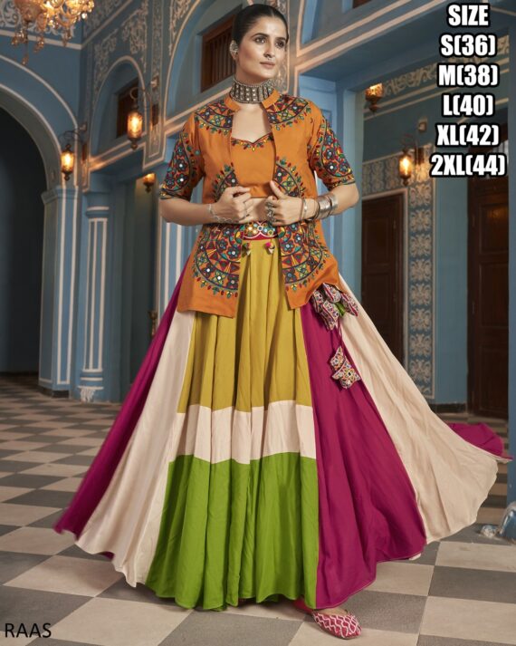 This Outfit Can Wear In A Navratri Festival In Features A Stylish Crop Top, Jacket And Matching Lehengas Made From Viscose Rayon