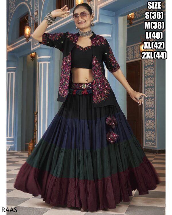 This Outfit Can Wear In A Navratri Festival In Features A Stylish Crop Top, Jacket And Matching Lehengas Made From Viscose Rayon