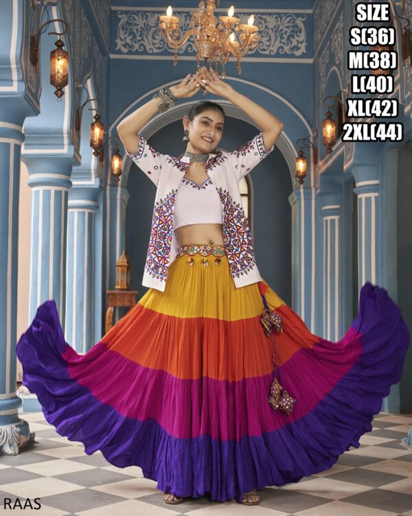 This Outfit Can Wear In A Navratri Festival In Features A Stylish Crop Top, Jacket And Matching Lehengas Made From Viscose Rayon