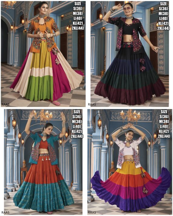 This Outfit Can Wear In A Navratri Festival In Features A Stylish Crop Top, Jacket And Matching Lehengas Made From Viscose Rayon