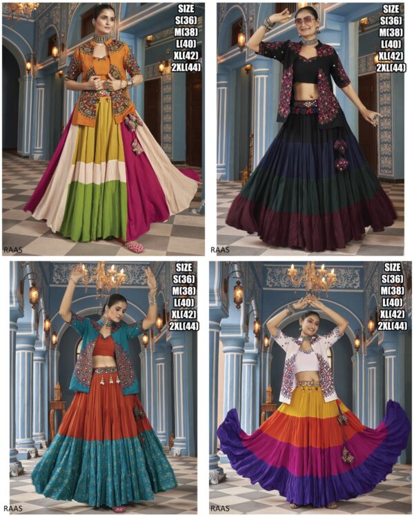 This Outfit Can Wear In A Navratri Festival In Features A Stylish Crop Top, Jacket And Matching Lehengas Made From Viscose Rayon