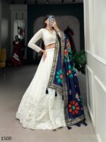 Fascinating Lucknowi Paper Mirror Work White Georgette Lehenga Choli With Different Colours Of Dupatta