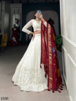 Fascinating Lucknowi Paper Mirror Work White Georgette Lehenga Choli With Different Colours Of Dupatta