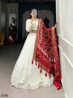 Fascinating Lucknowi Paper Mirror Work White Georgette Lehenga Choli With Different Colours Of Dupatta