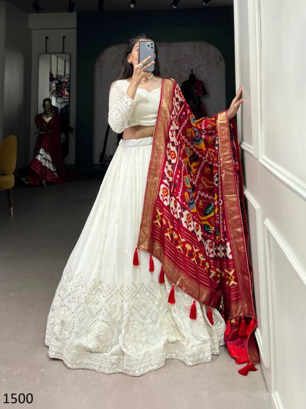 Fascinating Lucknowi Paper Mirror Work White Georgette Lehenga Choli With Different Colours Of Dupatta