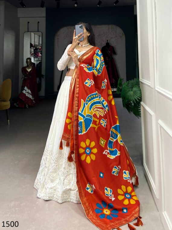 Fascinating Lucknowi Paper Mirror Work White Georgette Lehenga Choli With Different Colours Of Dupatta