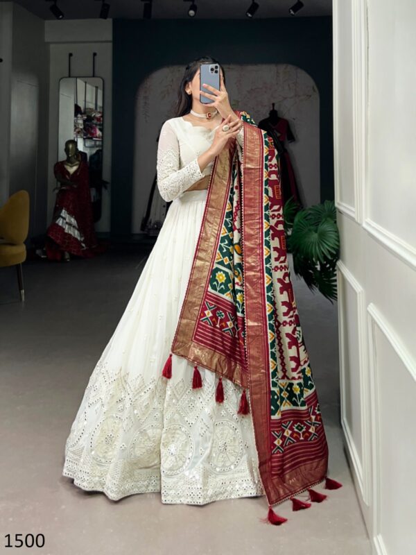 Fascinating Lucknowi Paper Mirror Work White Georgette Lehenga Choli With Different Colours Of Dupatta