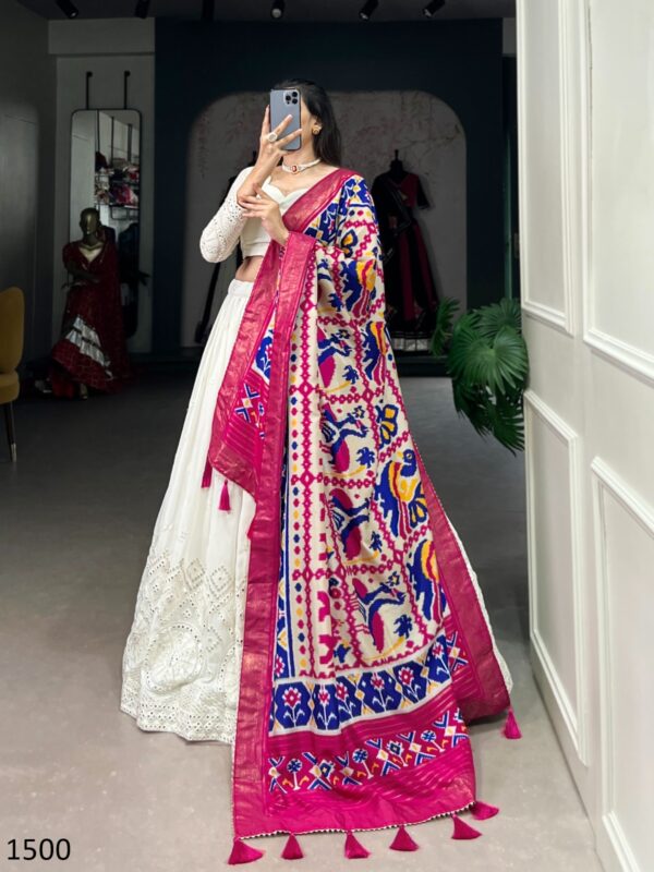 Fascinating Lucknowi Paper Mirror Work White Georgette Lehenga Choli With Different Colours Of Dupatta