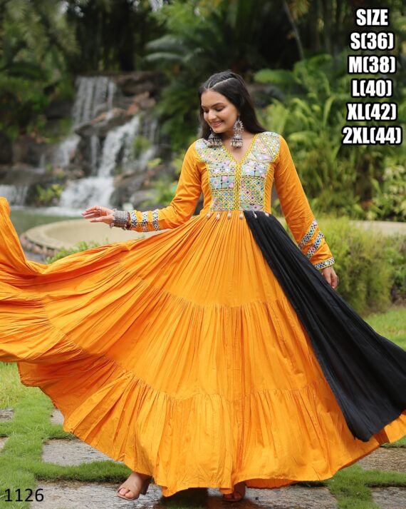 Presenting Navratri Festival Ready To Wear Kutchi Gamthi Work Yellow Colour Anarkali Gown