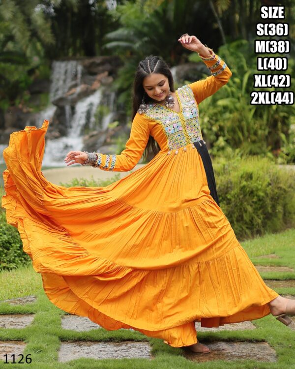 Presenting Navratri Festival Ready To Wear Kutchi Gamthi Work Yellow Colour Anarkali Gown