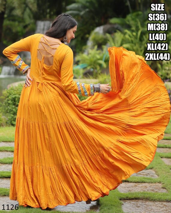 Presenting Navratri Festival Ready To Wear Kutchi Gamthi Work Yellow Colour Anarkali Gown