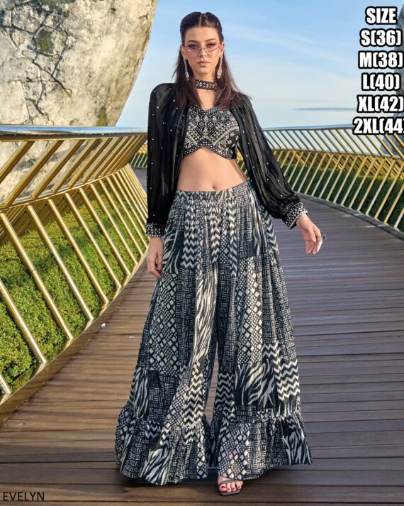 Gorgeous Black Georgette Embroidery Shrug Set With Designer Plazo Perfect For Party And Wedding Event