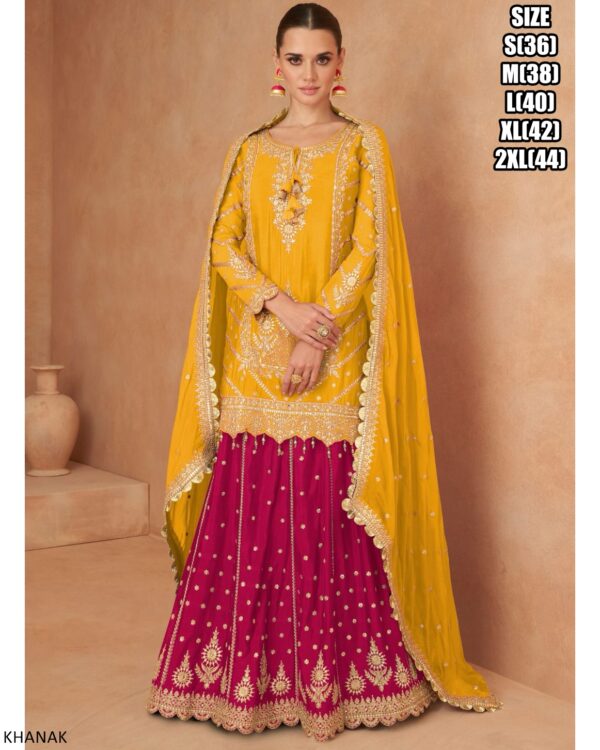 Ready To Wear Festival Outfit In Intricate Embroidery Work In Chinon Skirt, Top And Dupatta