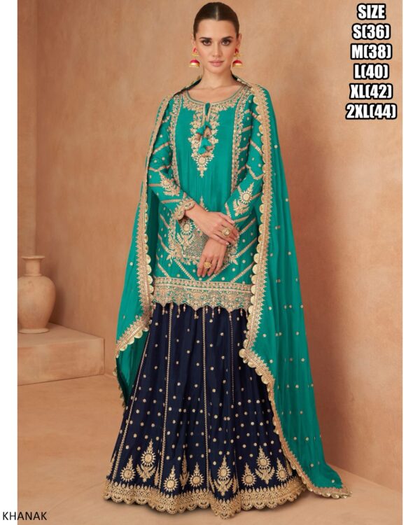 Ready To Wear Festival Outfit In Intricate Embroidery Work In Chinon Skirt, Top And Dupatta