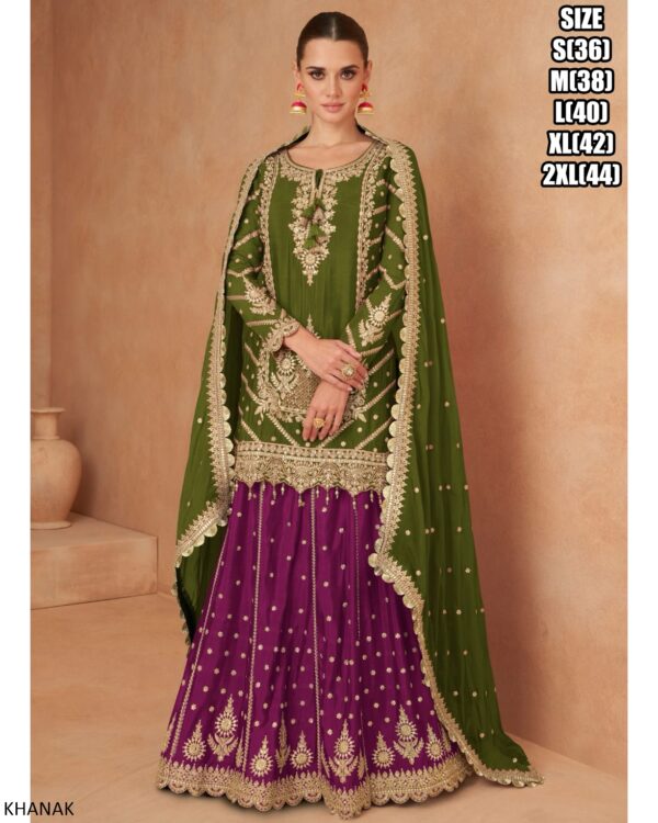 Ready To Wear Festival Outfit In Intricate Embroidery Work In Chinon Skirt, Top And Dupatta