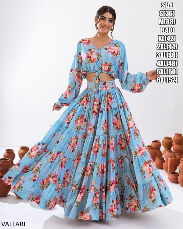 Introducing This Stunning Two Piece Floral Digital Printed Tier Lahenga With Crop Top Collection 2024