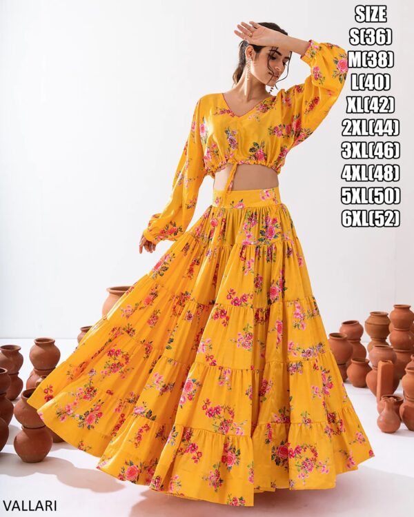 Introducing This Stunning Two Piece Floral Digital Printed Tier Lahenga With Crop Top Collection 2024