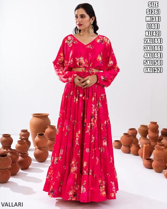 Introducing This Stunning Two Piece Floral Digital Printed Tier Lahenga With Crop Top Collection 2024