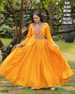 New Gorgeous Looking Fancy And Trending Navratri Wear Gamthi Work Rayon Gown