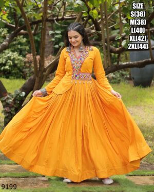 New Gorgeous Looking Fancy And Trending Navratri Wear Gamthi Work Rayon Gown