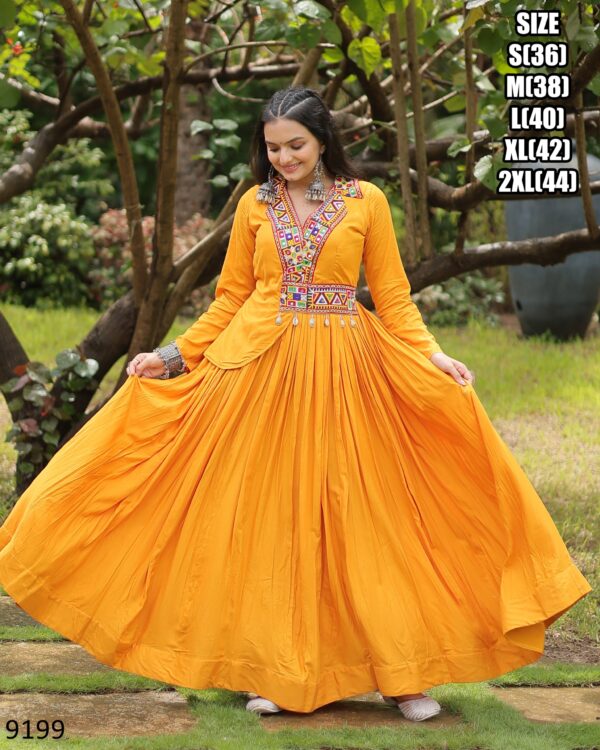 New Gorgeous Looking Fancy And Trending Navratri Wear Gamthi Work Rayon Gown