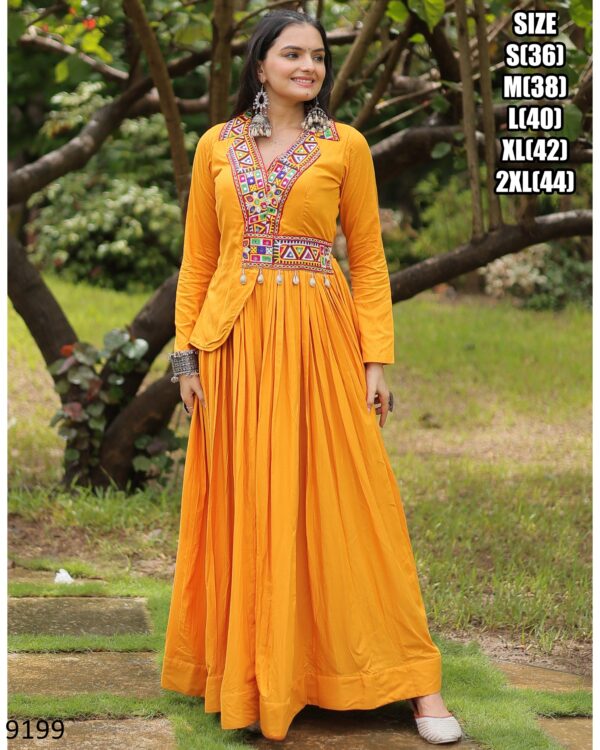 New Gorgeous Looking Fancy And Trending Navratri Wear Gamthi Work Rayon Gown