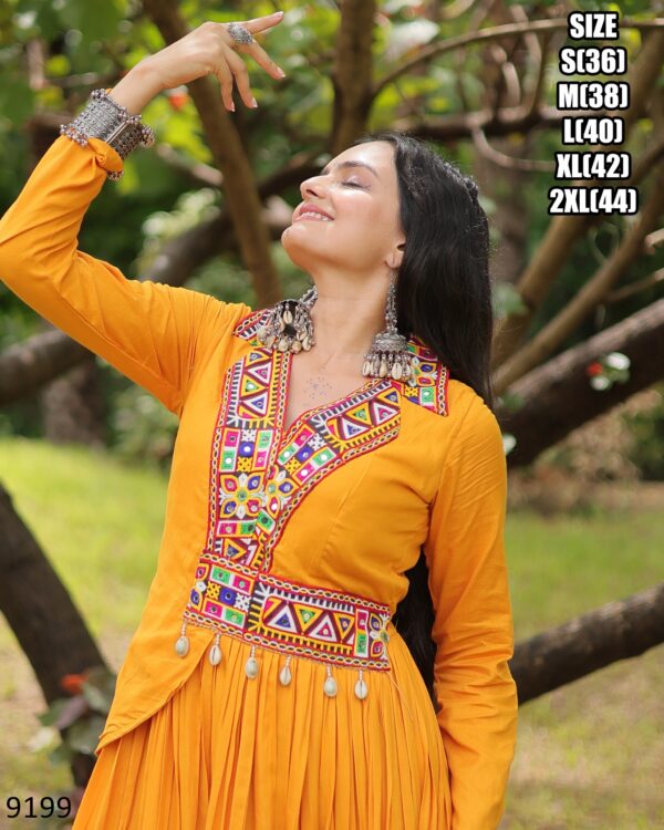 New Gorgeous Looking Fancy And Trending Navratri Wear Gamthi Work Rayon Gown