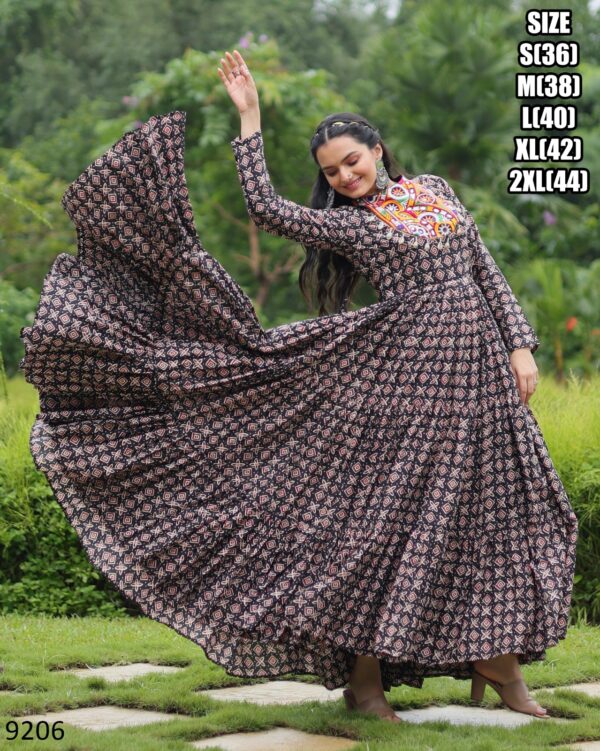 Modern Maxi Dress Style Printed And Ruffle Stitched Navratri Cotton Gown Collection 2024
