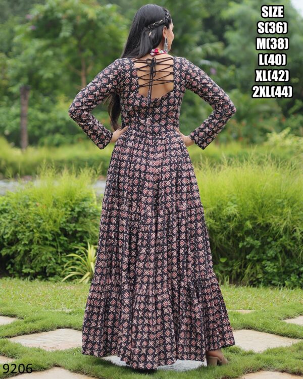 Modern Maxi Dress Style Printed And Ruffle Stitched Navratri Cotton Gown Collection 2024