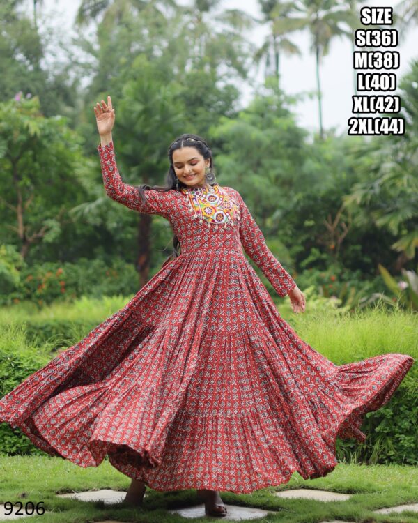 Modern Maxi Dress Style Printed And Ruffle Stitched Navratri Cotton Gown Collection 2024