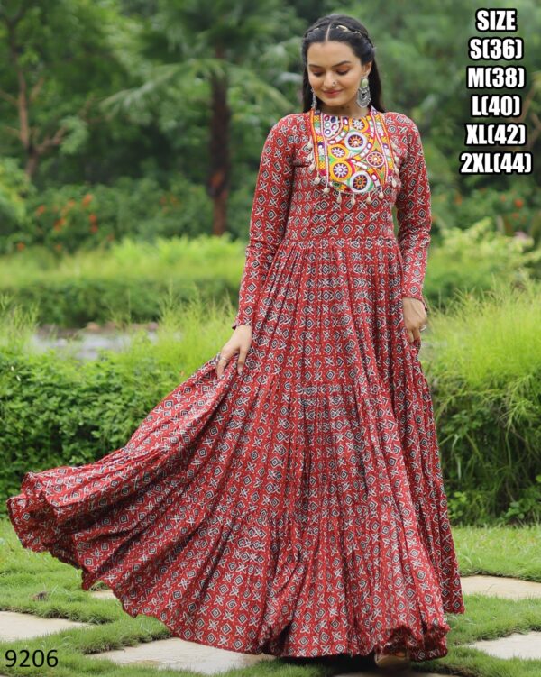Modern Maxi Dress Style Printed And Ruffle Stitched Navratri Cotton Gown Collection 2024