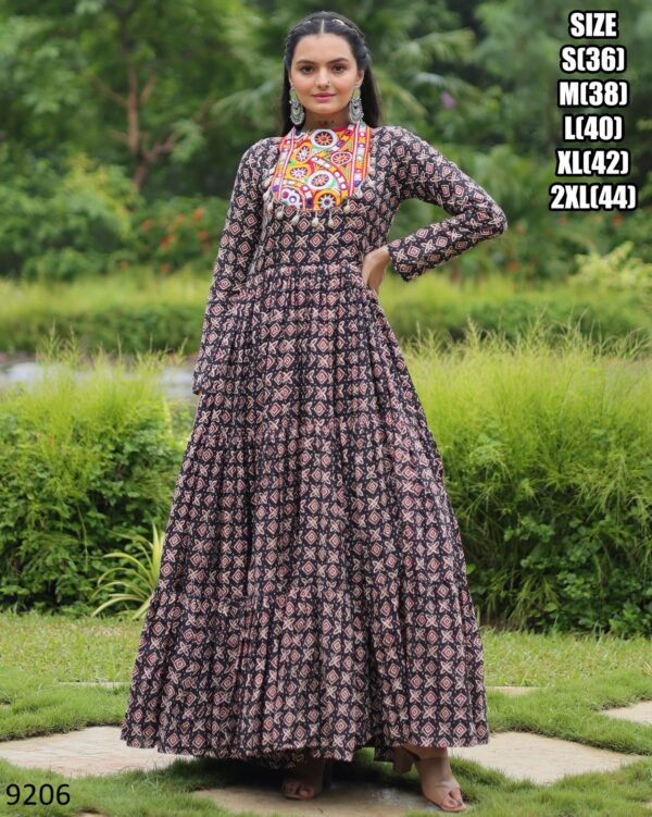 Modern Maxi Dress Style Printed And Ruffle Stitched Navratri Cotton Gown Collection 2024