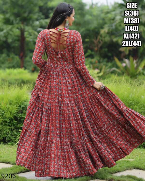 Modern Maxi Dress Style Printed And Ruffle Stitched Navratri Cotton Gown Collection 2024