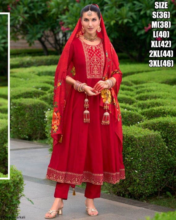 Attractive Embroidery And Hand Work On Vichitra Silk Anarkali Style Salwar Suit Dress In Festival Collection