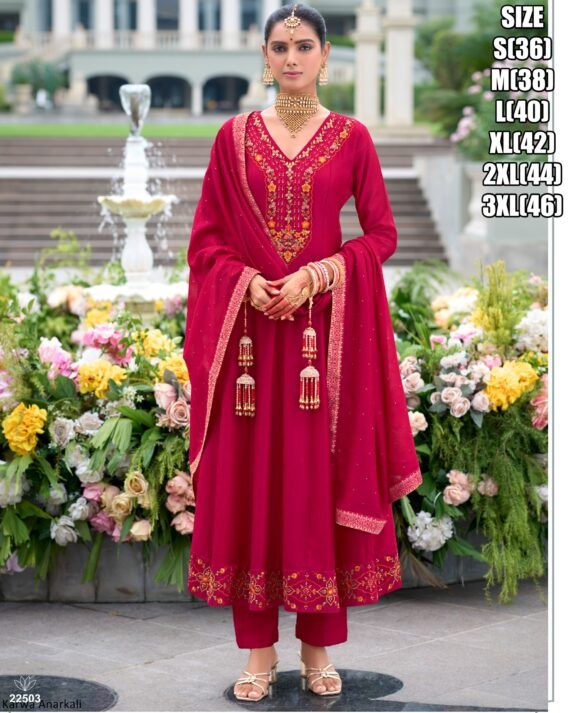 Attractive Embroidery And Hand Work On Vichitra Silk Anarkali Style Salwar Suit Dress In Festival Collection