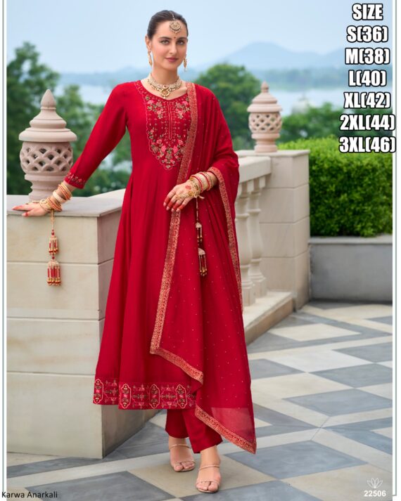 Attractive Embroidery And Hand Work On Vichitra Silk Anarkali Style Salwar Suit Dress In Festival Collection