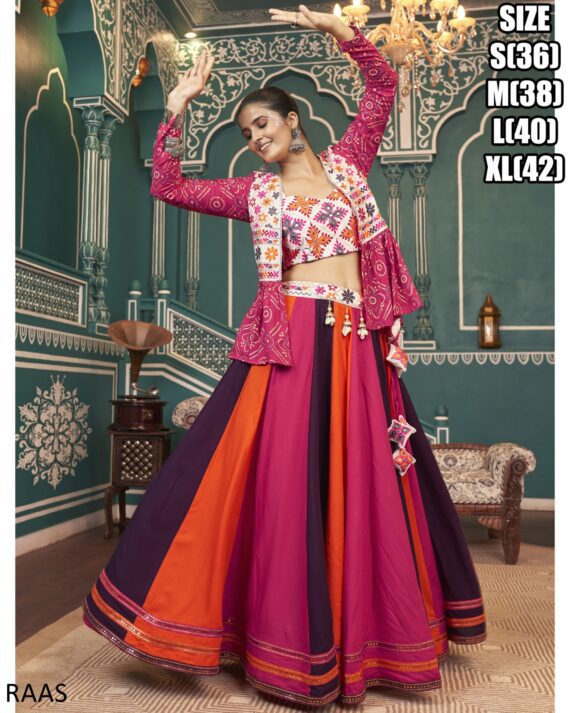 Exquisite Colourful Poly Maska Silk Readymade Lehenga Choli And Rayon Jacket In This Navratri Collection